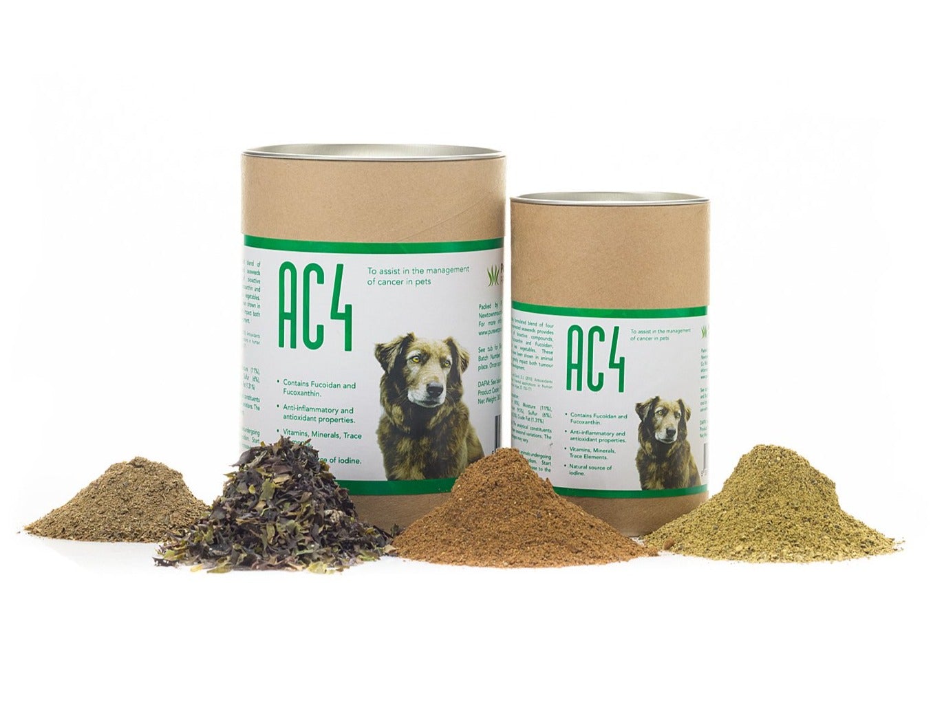 AlargeandsmalltubofAC4byPureVetProducts_anaturalseaweedsupplementthatassistsinthemanagementofcancersindogs.Seaweedsusedaredisplayedinfront._1024x1024@2x